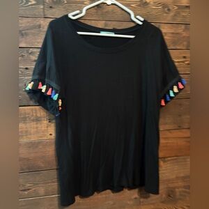 Black Short Sleeve Top with Colorful Tassels